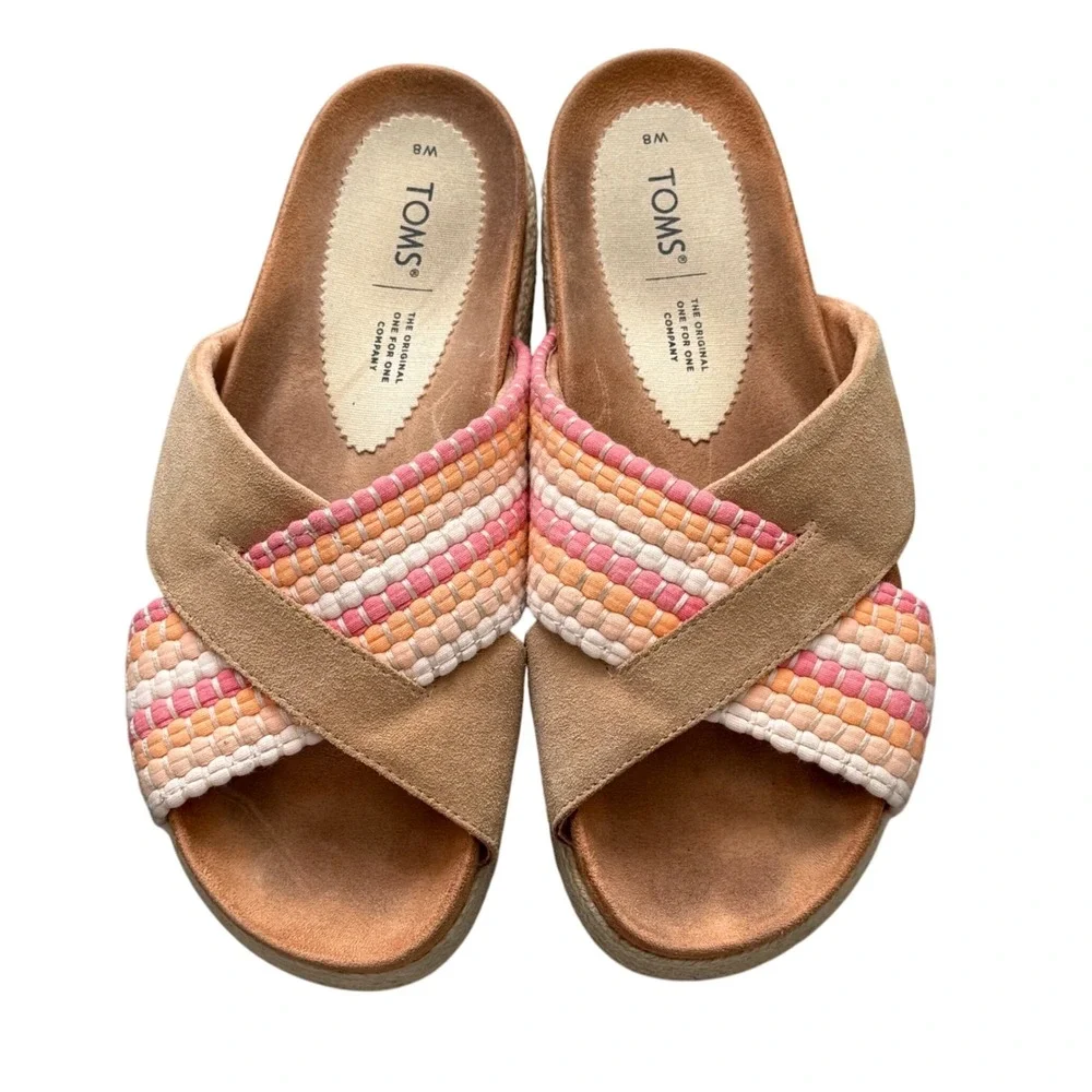 TOMS Women's Espadrille Platform Sandals Woven Slides Straps Tan Pink Coral W8‎